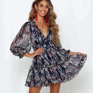 Saints Secrets Navy Floral‎ Ruffle Keyhole Cutout Tiered Mini Dress Womens L
